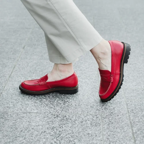 Red Penny Loafer Women Shoes, Flat Red Leather Loafers